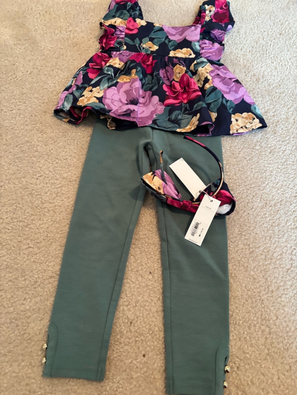 BNWT Janie and Jack Olive Green Leggings with Floral top and hair accessories